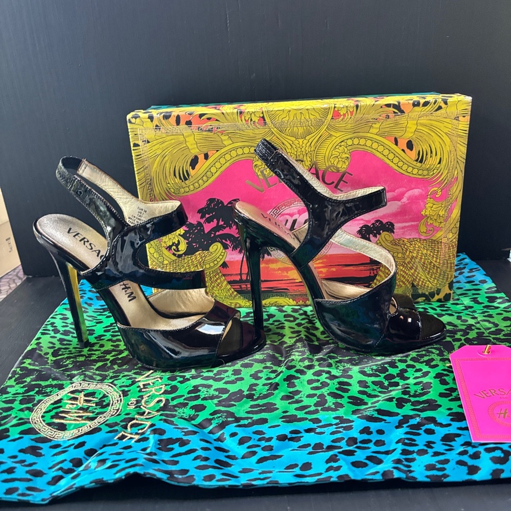 Versace for H&M Black Patent Stiletto Heels with Strappy Design